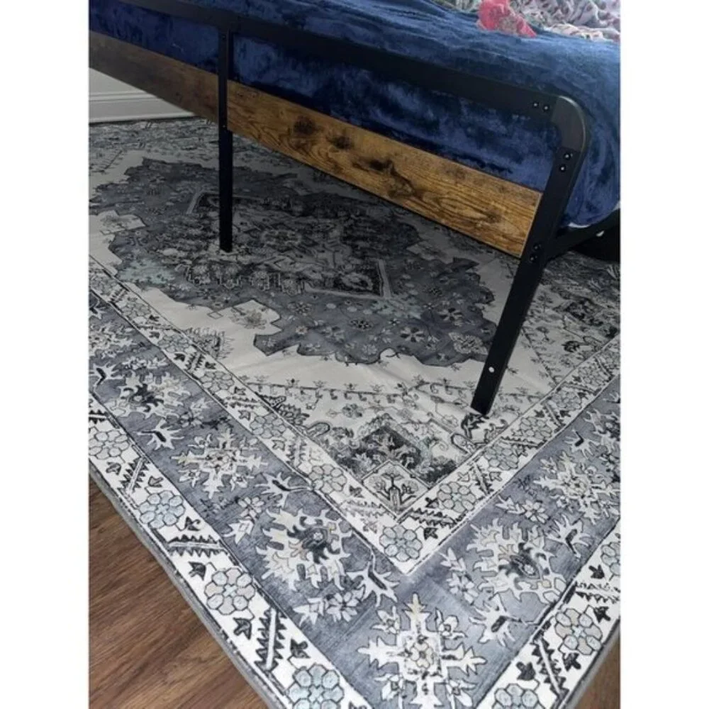 New 6x9 Washable Area Rug, Grey Blue Vintage Non-Slip Low Pile Carpet for Home